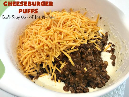 Cheeseburger Puffs | Can't Stay Out of the Kitchen | these fantastic #appetizers are perfect for #tailgating parties, potlucks or special occasions like birthdays or baby showers. Just drizzle with #BBQSauce & you have a delightful #Cheeseburger treat that you won't be able to get enough of! Also great for a busy weekend dinner. #GroundBeef #CheeseburgerPuffs #CheddarCheese #SuperBowl