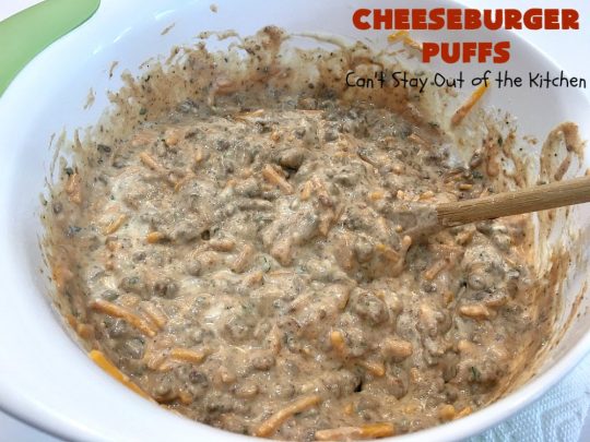 Cheeseburger Puffs | Can't Stay Out of the Kitchen | these fantastic #appetizers are perfect for #tailgating parties, potlucks or special occasions like birthdays or baby showers. Just drizzle with #BBQSauce & you have a delightful #Cheeseburger treat that you won't be able to get enough of! Also great for a busy weekend dinner. #GroundBeef #CheeseburgerPuffs #CheddarCheese #SuperBowl