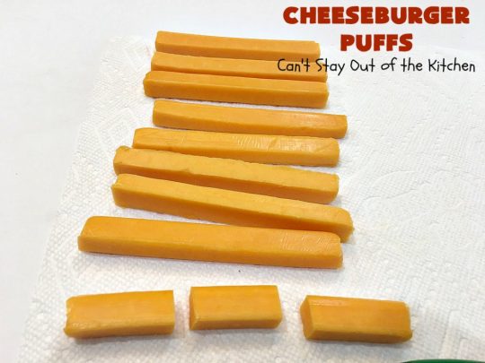 Cheeseburger Puffs | Can't Stay Out of the Kitchen | these fantastic #appetizers are perfect for #tailgating parties, potlucks or special occasions like birthdays or baby showers. Just drizzle with #BBQSauce & you have a delightful #Cheeseburger treat that you won't be able to get enough of! Also great for a busy weekend dinner. #GroundBeef #CheeseburgerPuffs #CheddarCheese #SuperBowl