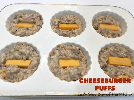 Cheeseburger Puffs | Can't Stay Out of the Kitchen | these fantastic #appetizers are perfect for #tailgating parties, potlucks or special occasions like birthdays or baby showers. Just drizzle with #BBQSauce & you have a delightful #Cheeseburger treat that you won't be able to get enough of! Also great for a busy weekend dinner. #GroundBeef #CheeseburgerPuffs #CheddarCheese #SuperBowl