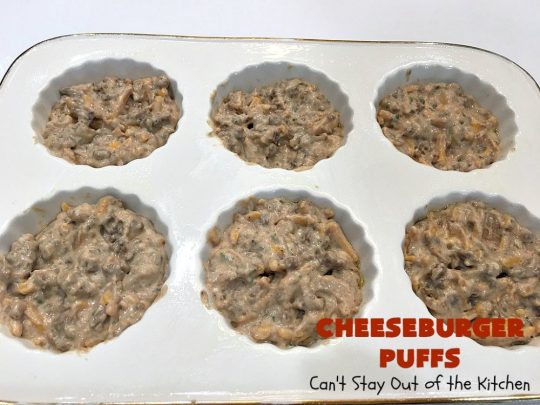 Cheeseburger Puffs | Can't Stay Out of the Kitchen | these fantastic #appetizers are perfect for #tailgating parties, potlucks or special occasions like birthdays or baby showers. Just drizzle with #BBQSauce & you have a delightful #Cheeseburger treat that you won't be able to get enough of! Also great for a busy weekend dinner. #GroundBeef #CheeseburgerPuffs #CheddarCheese #SuperBowl