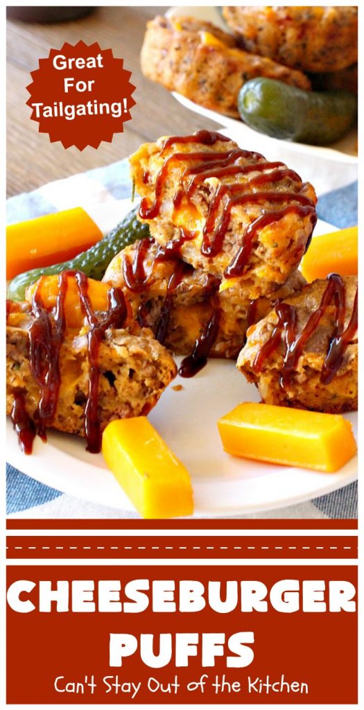 Cheeseburger Puffs | Can't Stay Out of the Kitchen | these fantastic #appetizers are perfect for #tailgating parties, potlucks or special occasions like birthdays or baby showers. Just drizzle with #BBQSauce & you have a delightful #Cheeseburger treat that you won't be able to get enough of! Also great for a busy weekend dinner. #GroundBeef #CheeseburgerPuffs #CheddarCheese #SuperBowl