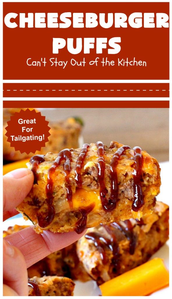 Cheeseburger Puffs | Can't Stay Out of the Kitchen | these fantastic #appetizers are perfect for #tailgating parties, potlucks or special occasions like birthdays or baby showers. Just drizzle with #BBQSauce & you have a delightful #Cheeseburger treat that you won't be able to get enough of! Also great for a busy weekend dinner. #GroundBeef #CheeseburgerPuffs #CheddarCheese #SuperBowl