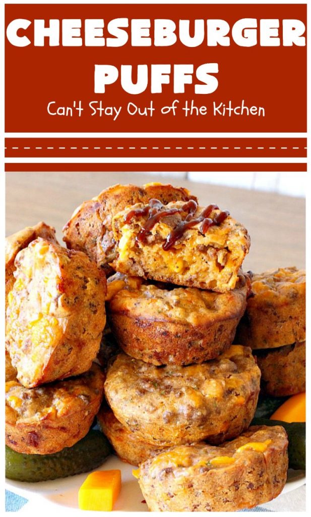 Cheeseburger Puffs | Can't Stay Out of the Kitchen | these fantastic #appetizers are perfect for #tailgating parties, potlucks or special occasions like birthdays or baby showers. Just drizzle with #BBQSauce & you have a delightful #Cheeseburger treat that you won't be able to get enough of! Also great for a busy weekend dinner. #GroundBeef #CheeseburgerPuffs #CheddarCheese #SuperBowl