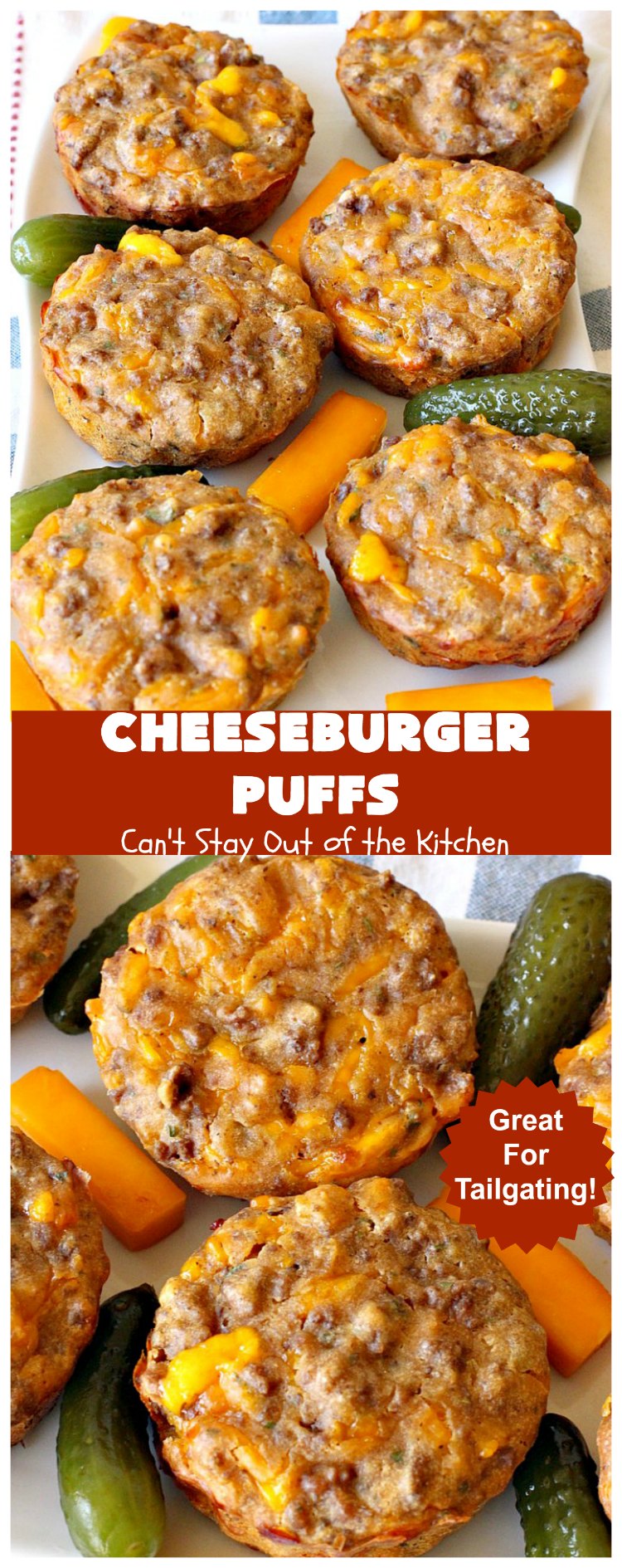 Cheeseburger Puffs | Can't Stay Out of the Kitchen | these fantastic #appetizers are perfect for #tailgating parties, potlucks or special occasions like birthdays or baby showers. Just drizzle with #BBQSauce & you have a delightful #Cheeseburger treat that you won't be able to get enough of! Also great for a busy weekend dinner. #GroundBeef #CheeseburgerPuffs #CheddarCheese #SuperBowl