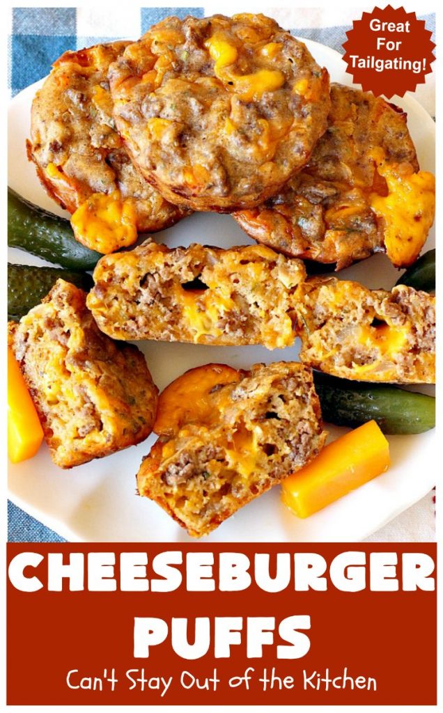 Cheeseburger Puffs | Can't Stay Out of the Kitchen | these fantastic #appetizers are perfect for #tailgating parties, potlucks or special occasions like birthdays or baby showers. Just drizzle with #BBQSauce & you have a delightful #Cheeseburger treat that you won't be able to get enough of! Also great for a busy weekend dinner. #GroundBeef #CheeseburgerPuffs #CheddarCheese #SuperBowl