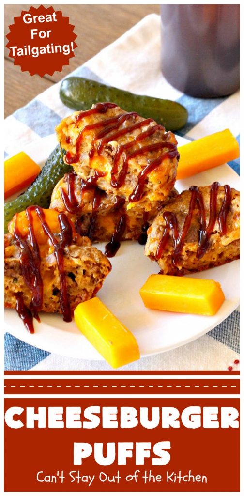 Cheeseburger Puffs | Can't Stay Out of the Kitchen | these fantastic #appetizers are perfect for #tailgating parties, potlucks or special occasions like birthdays or baby showers. Just drizzle with #BBQSauce & you have a delightful #Cheeseburger treat that you won't be able to get enough of! Also great for a busy weekend dinner. #GroundBeef #CheeseburgerPuffs #CheddarCheese #SuperBowl