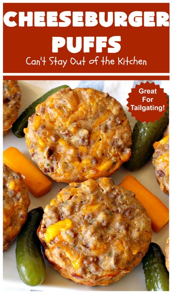 Cheeseburger Puffs | Can't Stay Out of the Kitchen | these fantastic #appetizers are perfect for #tailgating parties, potlucks or special occasions like birthdays or baby showers. Just drizzle with #BBQSauce & you have a delightful #Cheeseburger treat that you won't be able to get enough of! Also great for a busy weekend dinner. #GroundBeef #CheeseburgerPuffs #CheddarCheese #SuperBowl