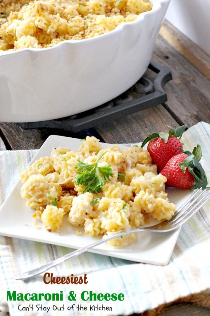 Cheesiest Macaroni and Cheese | Can't Stay Out of the Kitchen | heavenly comfort food that uses 3 #cheeses & topped with #panko bread crumbs. #Macaroni&Cheese #pasta #MeatlessMonday