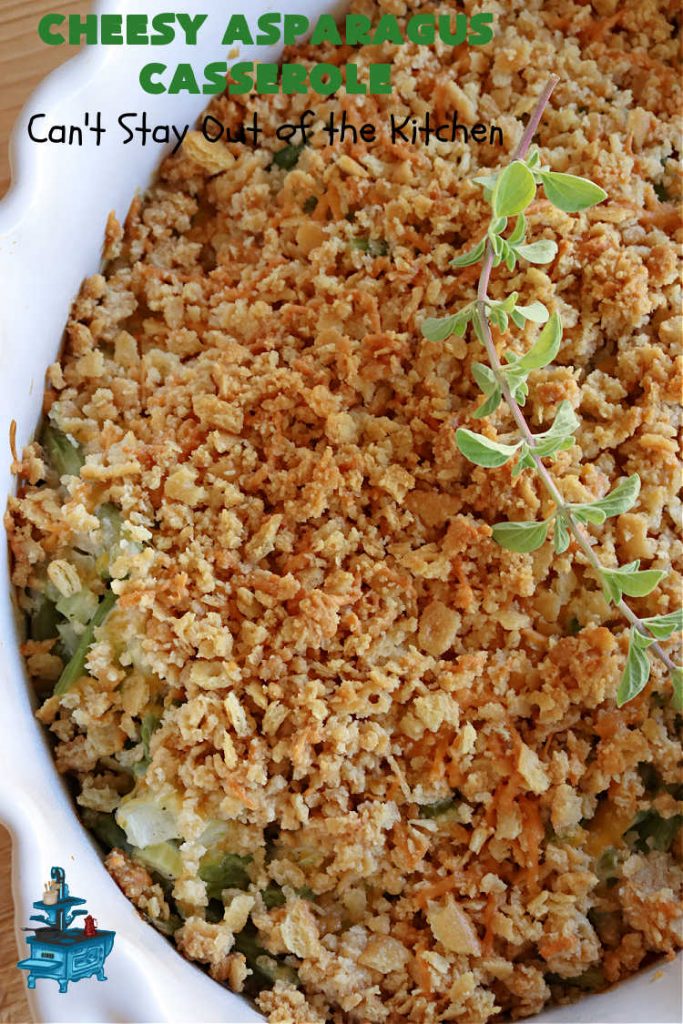 Cheesy Asparagus Casserole | Can't Stay Out of the Kitchen | this delicious #casserole is made with #asparagus, #celery, onions, & #CheddarCheese & has a delightful #RitzCracker crumb topping. Excellent choice for company or #holiday dinners like #Thanksgiving, #Christmas or #Easter. #CheesyAsparagusCasserole