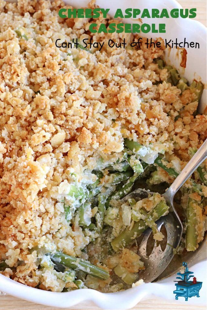 Cheesy Asparagus Casserole | Can't Stay Out of the Kitchen | this delicious #casserole is made with #asparagus, #celery, onions, & #CheddarCheese & has a delightful #RitzCracker crumb topping. Excellent choice for company or #holiday dinners like #Thanksgiving, #Christmas or #Easter. #CheesyAsparagusCasserole