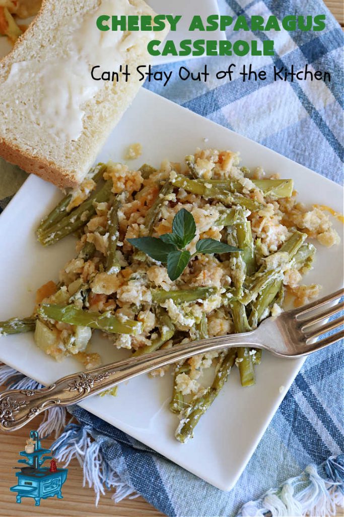 Cheesy Asparagus Casserole | Can't Stay Out of the Kitchen | this delicious #casserole is made with #asparagus, #celery, onions, & #CheddarCheese & has a delightful #RitzCracker crumb topping. Excellent choice for company or #holiday dinners like #Thanksgiving, #Christmas or #Easter. #CheesyAsparagusCasserole