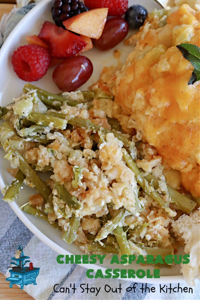 Cheesy Asparagus Casserole | Can't Stay Out of the Kitchen | this delicious #casserole is made with #asparagus, #celery, onions, & #CheddarCheese & has a delightful #RitzCracker crumb topping. Excellent choice for company or #holiday dinners like #Thanksgiving, #Christmas or #Easter. #CheesyAsparagusCasserole