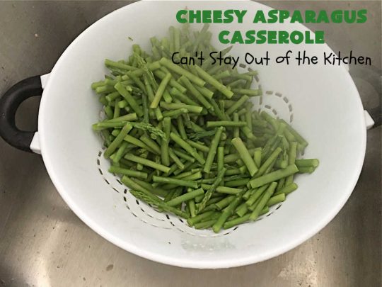 Cheesy Asparagus Casserole | Can't Stay Out of the Kitchen | this delicious #casserole is made with #asparagus, #celery, onions, & #CheddarCheese & has a delightful #RitzCracker crumb topping. Excellent choice for company or #holiday dinners like #Thanksgiving, #Christmas or #Easter. #CheesyAsparagusCasserole