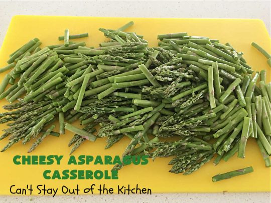 Cheesy Asparagus Casserole | Can't Stay Out of the Kitchen | this delicious #casserole is made with #asparagus, #celery, onions, & #CheddarCheese & has a delightful #RitzCracker crumb topping. Excellent choice for company or #holiday dinners like #Thanksgiving, #Christmas or #Easter. #CheesyAsparagusCasserole