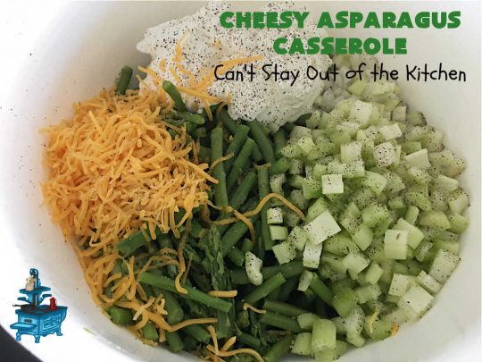 Cheesy Asparagus Casserole | Can't Stay Out of the Kitchen | this delicious #casserole is made with #asparagus, #celery, onions, & #CheddarCheese & has a delightful #RitzCracker crumb topping. Excellent choice for company or #holiday dinners like #Thanksgiving, #Christmas or #Easter. #CheesyAsparagusCasserole