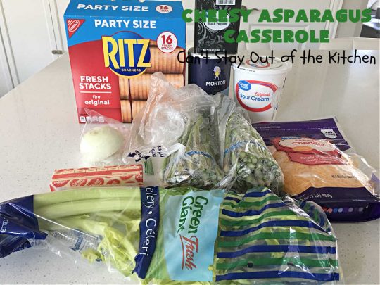 Cheesy Asparagus Casserole | Can't Stay Out of the Kitchen | this delicious #casserole is made with #asparagus, #celery, onions, & #CheddarCheese & has a delightful #RitzCracker crumb topping. Excellent choice for company or #holiday dinners like #Thanksgiving, #Christmas or #Easter. #CheesyAsparagusCasserole