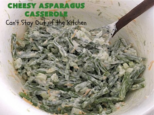 Cheesy Asparagus Casserole | Can't Stay Out of the Kitchen | this delicious #casserole is made with #asparagus, #celery, onions, & #CheddarCheese & has a delightful #RitzCracker crumb topping. Excellent choice for company or #holiday dinners like #Thanksgiving, #Christmas or #Easter. #CheesyAsparagusCasserole