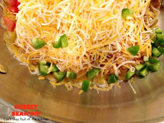 Cheesy Bean Dip | Can't Stay Out of the Kitchen | this fantastic 5-ingredient #appetizer is the one you want to make for #tailgating, #NewYearsEve or #SuperBowl parties. It's smooth, creamy with just a little hint of heat from #jalapeno peppers. #bacon #cheese