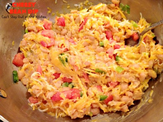 Cheesy Bean Dip | Can't Stay Out of the Kitchen | this fantastic 5-ingredient #appetizer is the one you want to make for #tailgating, #NewYearsEve or #SuperBowl parties. It's smooth, creamy with just a little hint of heat from #jalapeno peppers. #bacon #cheese