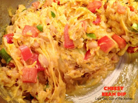 Cheesy Bean Dip | Can't Stay Out of the Kitchen | this fantastic 5-ingredient #appetizer is the one you want to make for #tailgating, #NewYearsEve or #SuperBowl parties. It's smooth, creamy with just a little hint of heat from #jalapeno peppers. #bacon #cheese