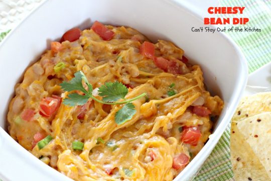 Cheesy Bean Dip | Can't Stay Out of the Kitchen | this fantastic 5-ingredient #appetizer is the one you want to make for #tailgating, #NewYearsEve or #SuperBowl parties. It's smooth, creamy with just a little hint of heat from #jalapeno peppers. #bacon #cheese