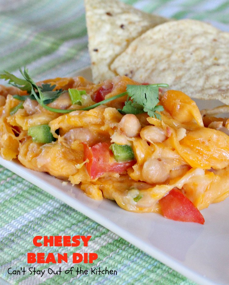 Cheesy Bean Dip | Can't Stay Out of the Kitchen | this fantastic 5-ingredient #appetizer is the one you want to make for #tailgating, #NewYearsEve or #SuperBowl parties. It's smooth, creamy with just a little hint of heat from #jalapeno peppers. #bacon #cheese