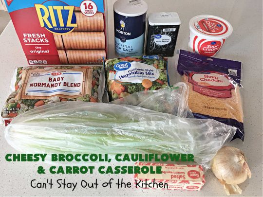 Cheesy Broccoli, Cauliflower and Carrot Casserole | Can't Stay Out of the Kitchen | this tasty #SideDish includes #broccoli, #carrots #cauliflower & #celery in a tasty #CheddarCheese sauce topped with #RitzCrackers & more #cheese. It's marvelous for #holiday or company dinners like #Easter, #MothersDay or #FathersDay. #casserole #CheesyBroccoliCauliflowerAndCarrotCasserole #vegetableCheesy Broccoli, Cauliflower and Carrot Casserole | Can't Stay Out of the Kitchen | this tasty #SideDish includes #broccoli, #carrots #cauliflower & #celery in a tasty #CheddarCheese sauce topped with #RitzCrackers & more #cheese. It's marvelous for #holiday or company dinners like #Easter, #MothersDay or #FathersDay. #casserole #CheesyBroccoliCauliflowerAndCarrotCasserole #vegetable