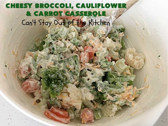 Cheesy Broccoli, Cauliflower and Carrot Casserole | Can't Stay Out of the Kitchen | this tasty #SideDish includes #broccoli, #carrots #cauliflower & #celery in a tasty #CheddarCheese sauce topped with #RitzCrackers & more #cheese. It's marvelous for #holiday or company dinners like #Easter, #MothersDay or #FathersDay. #casserole #CheesyBroccoliCauliflowerAndCarrotCasserole #vegetable