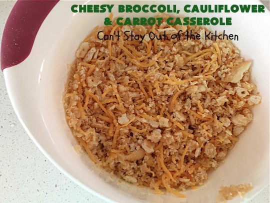 Cheesy Broccoli, Cauliflower and Carrot Casserole | Can't Stay Out of the Kitchen | this tasty #SideDish includes #broccoli, #carrots #cauliflower & #celery in a tasty #CheddarCheese sauce topped with #RitzCrackers & more #cheese. It's marvelous for #holiday or company dinners like #Easter, #MothersDay or #FathersDay. #casserole #CheesyBroccoliCauliflowerAndCarrotCasserole #vegetable