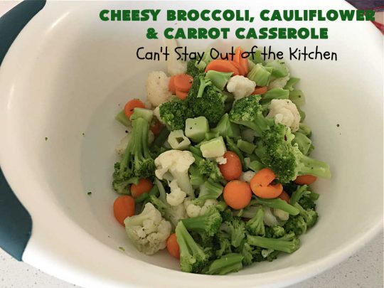 Cheesy Broccoli, Cauliflower and Carrot Casserole | Can't Stay Out of the Kitchen | this tasty #SideDish includes #broccoli, #carrots #cauliflower & #celery in a tasty #CheddarCheese sauce topped with #RitzCrackers & more #cheese. It's marvelous for #holiday or company dinners like #Easter, #MothersDay or #FathersDay. #casserole #CheesyBroccoliCauliflowerAndCarrotCasserole #vegetable