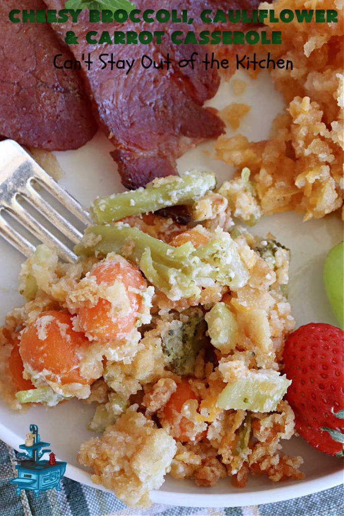 Cheesy Broccoli, Cauliflower and Carrot Casserole | Can't Stay Out of the Kitchen | this tasty #SideDish includes #broccoli, #carrots #cauliflower & #celery in a tasty #CheddarCheese sauce topped with #RitzCrackers & more #cheese. It's marvelous for #holiday or company dinners like #Easter, #MothersDay or #FathersDay. #casserole #CheesyBroccoliCauliflowerAndCarrotCasserole #vegetable