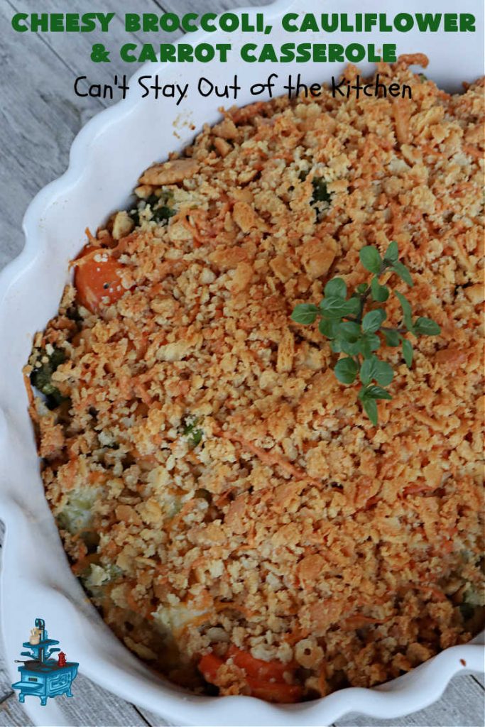 Cheesy Broccoli, Cauliflower and Carrot Casserole | Can't Stay Out of the Kitchen | this tasty #SideDish includes #broccoli, #carrots #cauliflower & #celery in a tasty #CheddarCheese sauce topped with #RitzCrackers & more #cheese. It's marvelous for #holiday or company dinners like #Easter, #MothersDay or #FathersDay. #casserole #CheesyBroccoliCauliflowerAndCarrotCasserole #vegetable