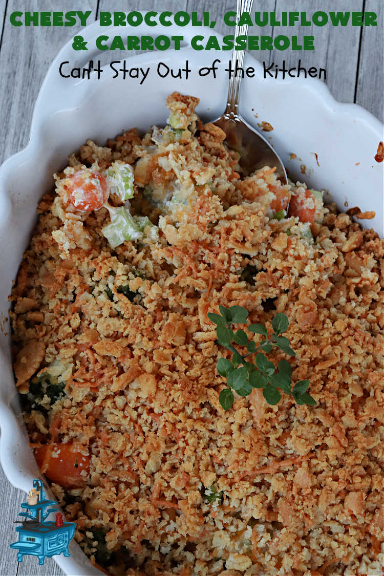 Cheesy Broccoli, Cauliflower and Carrot Casserole | Can't Stay Out of the Kitchen | this tasty #SideDish includes #broccoli, #carrots #cauliflower & #celery in a tasty #CheddarCheese sauce topped with #RitzCrackers & more #cheese. It's marvelous for #holiday or company dinners like #Easter, #MothersDay or #FathersDay. #casserole #CheesyBroccoliCauliflowerAndCarrotCasserole #vegetable