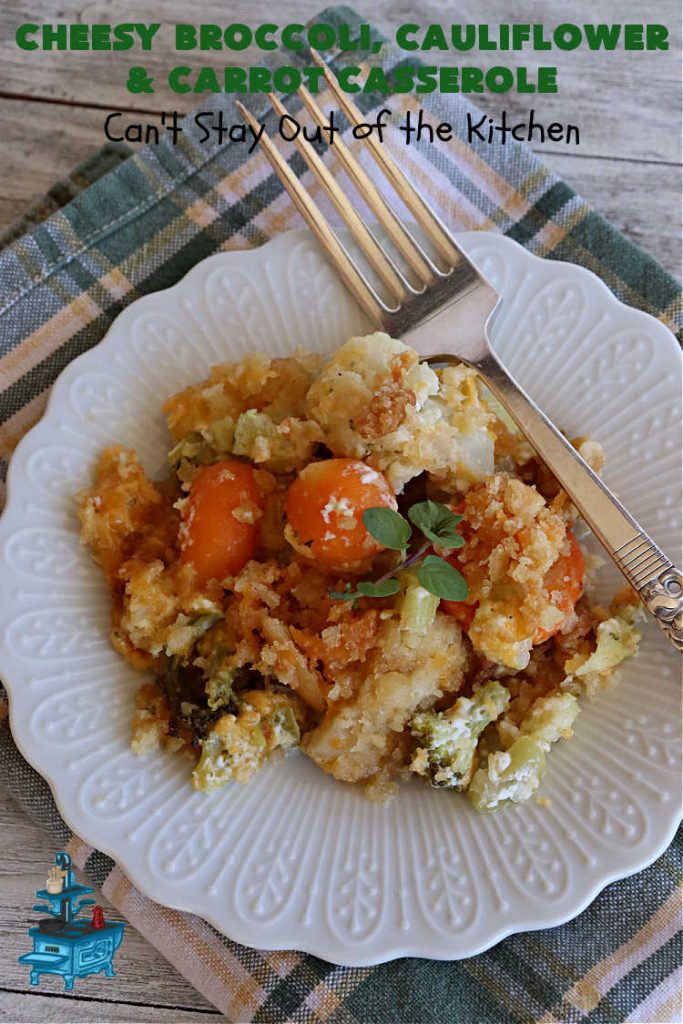 Cheesy Broccoli, Cauliflower and Carrot Casserole | Can't Stay Out of the Kitchen | this tasty #SideDish includes #broccoli, #carrots #cauliflower & #celery in a tasty #CheddarCheese sauce topped with #RitzCrackers & more #cheese. It's marvelous for #holiday or company dinners like #Easter, #MothersDay or #FathersDay. #casserole #CheesyBroccoliCauliflowerAndCarrotCasserole #vegetable