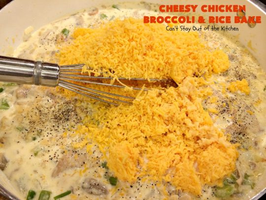 Cheesy Chicken Broccoli and Rice Bake | Can't Stay Out of the Kitchen | a favorite #chicken entree with #broccoli & #rice made up in an outstanding #cheesy sauce. Wonderful for company or family dinners. #casserole #chickencasserole #chickenandrice #glutenfree