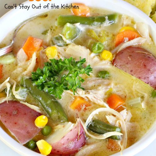 Cheesy Chicken Soup | Can't Stay Out of the Kitchen | this is one of our favorite #chicken #soup recipes. It's loaded with #chicken #potatoes #veggies & #cheese. It's terrific #fall comfort food.