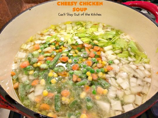 Cheesy Chicken Soup | Can't Stay Out of the Kitchen | this is one of our favorite #chicken #soup recipes. It's loaded with #chicken #potatoes #veggies & #cheese. It's terrific #fall comfort food.