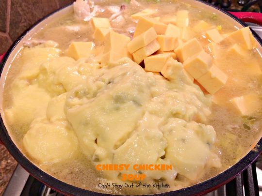 Cheesy Chicken Soup | Can't Stay Out of the Kitchen | this is one of our favorite #chicken #soup recipes. It's loaded with #chicken #potatoes #veggies & #cheese. It's terrific #fall comfort food.
