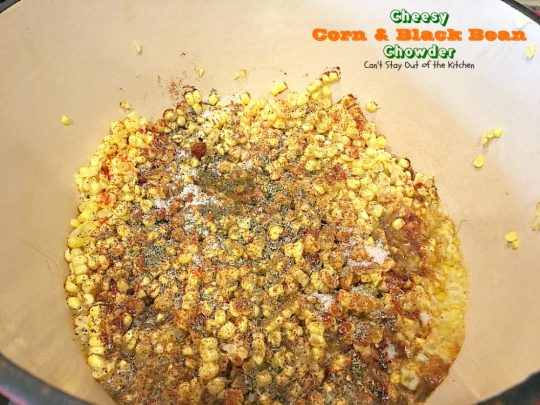Cheesy Corn and Black Bean Chowder | Can't Stay Out of the Kitchen | we LOVED this fabulous #soup. It's filled with roasted #corn, veggies, #blackbeans, 2 #cheeses & cilantro. #TexMex #glutenfree