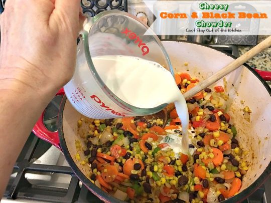 Cheesy Corn and Black Bean Chowder | Can't Stay Out of the Kitchen | we LOVED this fabulous #soup. It's filled with roasted #corn, veggies, #blackbeans, 2 #cheeses & cilantro. #TexMex #glutenfree