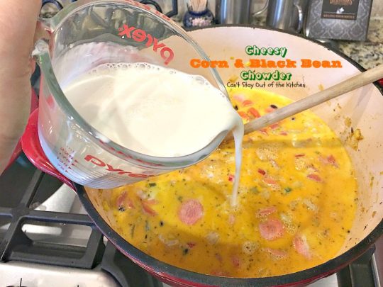 Cheesy Corn and Black Bean Chowder | Can't Stay Out of the Kitchen | we LOVED this fabulous #soup. It's filled with roasted #corn, veggies, #blackbeans, 2 #cheeses & cilantro. #TexMex #glutenfree