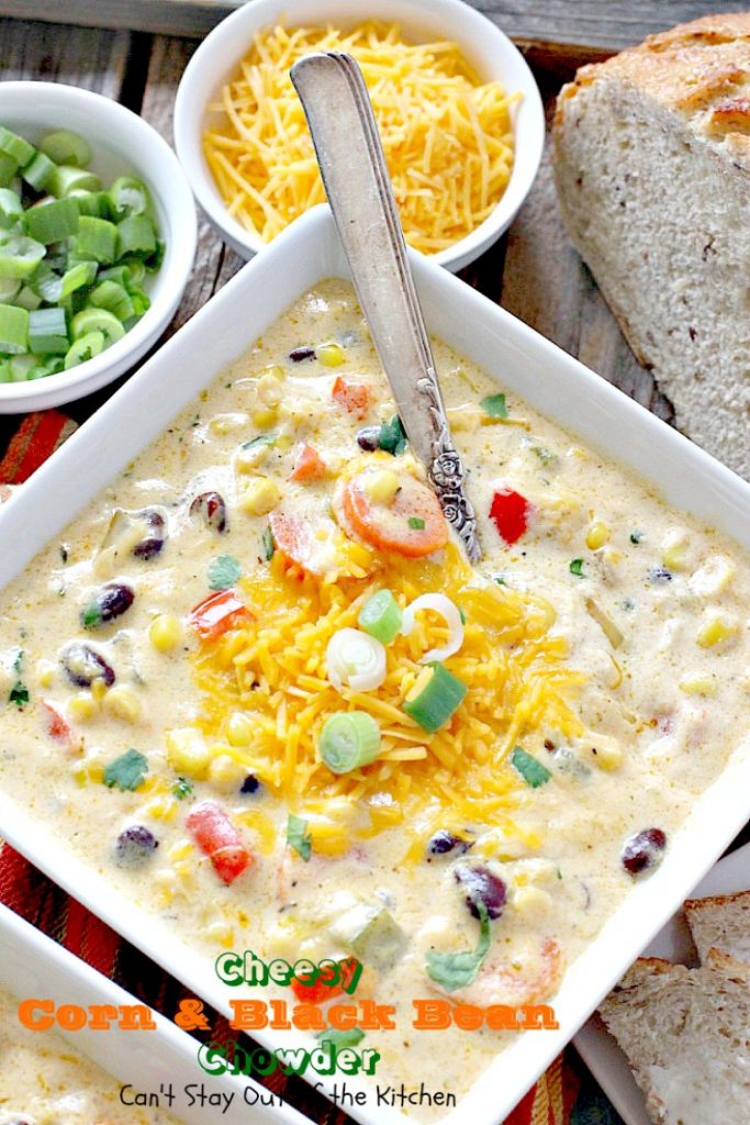 Cheesy Corn and Black Bean Chowder | Can't Stay Out of the Kitchen | we LOVED this fabulous #soup. It's filled with roasted #corn, veggies, #blackbeans, 2 #cheeses & cilantro. #TexMex #glutenfree