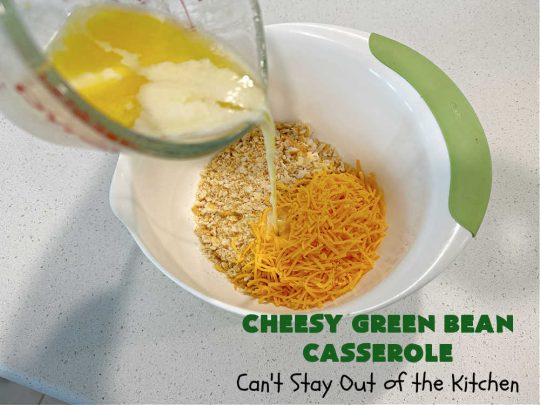 Cheesy Green Bean Casserole | Can't Stay Out of the Kitchen | this is NOT the typical #GreenBeanCasserole #recipe everyone makes for the #holidays. It's SO much better! This one has a #RitzCracker & #CheddarCheese topping. This is one of our favorite ways to enjoy #GreenBeans. Great for #MothersDay or #FathersDay. #CheesyGreenBeanCasserole