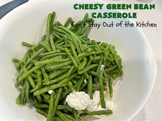 Cheesy Green Bean Casserole | Can't Stay Out of the Kitchen | this is NOT the typical #GreenBeanCasserole #recipe everyone makes for the #holidays. It's SO much better! This one has a #RitzCracker & #CheddarCheese topping. This is one of our favorite ways to enjoy #GreenBeans. Great for #MothersDay or #FathersDay. #CheesyGreenBeanCasserole