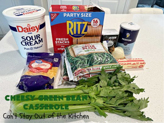 Cheesy Green Bean Casserole | Can't Stay Out of the Kitchen | this is NOT the typical #GreenBeanCasserole #recipe everyone makes for the #holidays. It's SO much better! This one has a #RitzCracker & #CheddarCheese topping. This is one of our favorite ways to enjoy #GreenBeans. Great for #MothersDay or #FathersDay. #CheesyGreenBeanCasserole