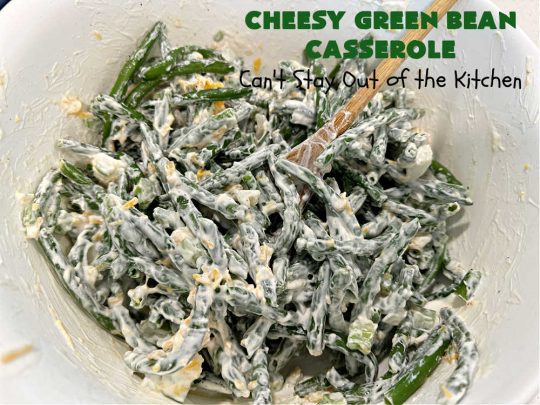Cheesy Green Bean Casserole | Can't Stay Out of the Kitchen | this is NOT the typical #GreenBeanCasserole #recipe everyone makes for the #holidays. It's SO much better! This one has a #RitzCracker & #CheddarCheese topping. This is one of our favorite ways to enjoy #GreenBeans. Great for #MothersDay or #FathersDay. #CheesyGreenBeanCasserole