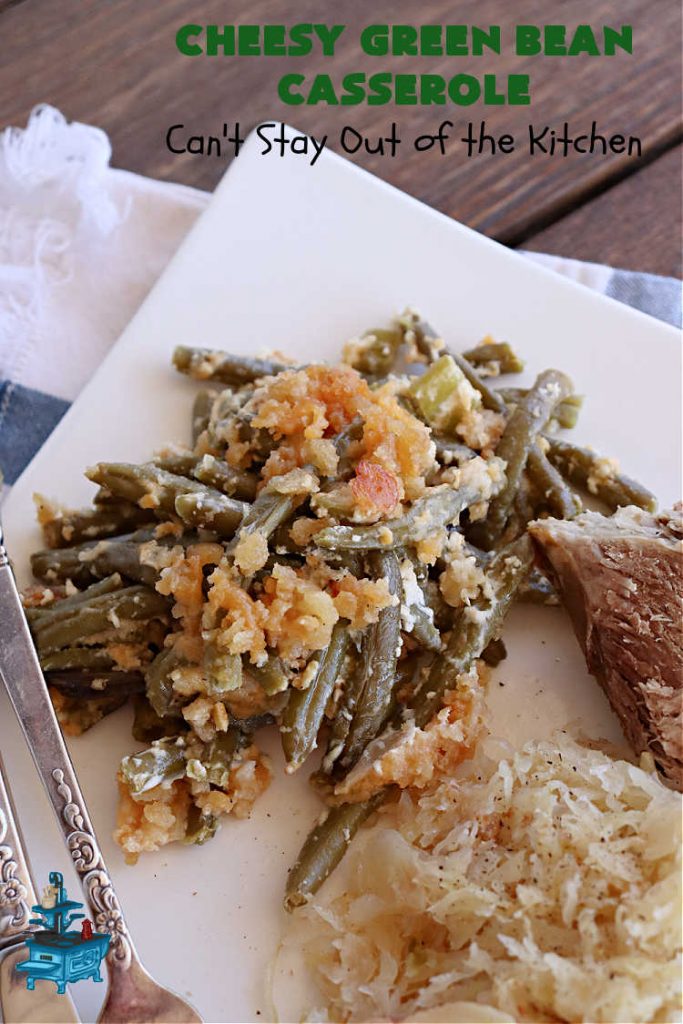 Cheesy Green Bean Casserole | Can't Stay Out of the Kitchen | this is NOT the typical #GreenBeanCasserole #recipe everyone makes for the #holidays. It's SO much better! This one has a #RitzCracker & #CheddarCheese topping. This is one of our favorite ways to enjoy #GreenBeans. Great for #MothersDay or #FathersDay. #CheesyGreenBeanCasserole