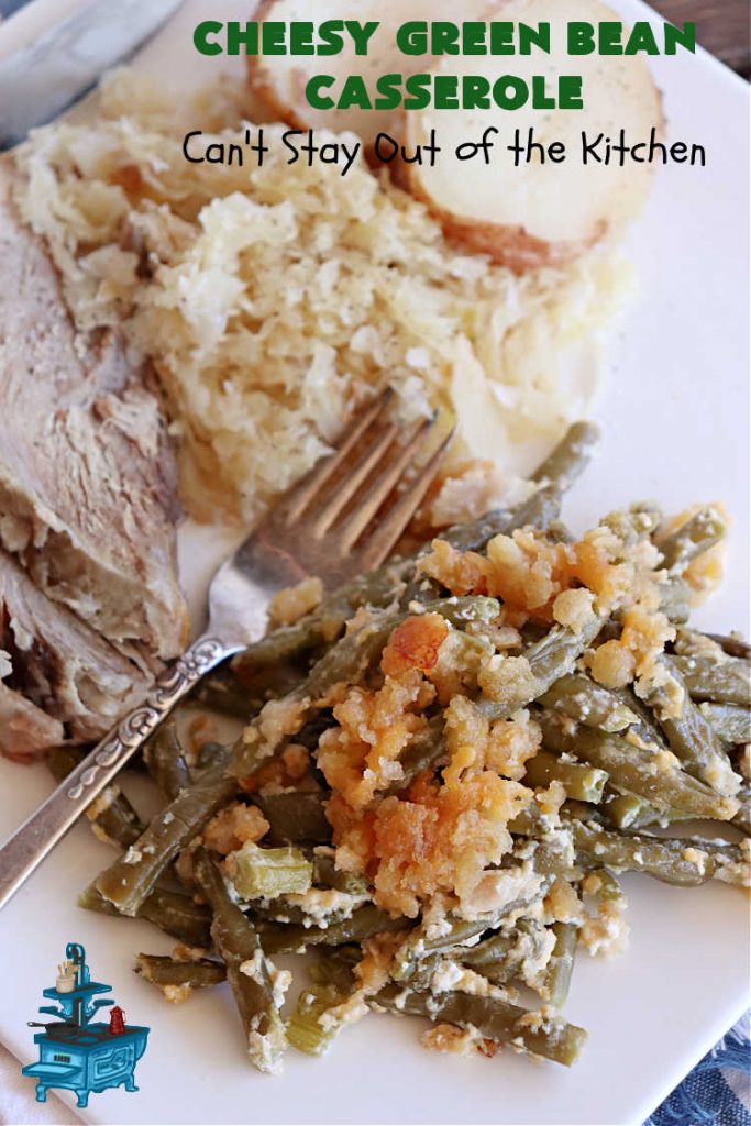 Cheesy Green Bean Casserole | Can't Stay Out of the Kitchen | this is NOT the typical #GreenBeanCasserole #recipe everyone makes for the #holidays. It's SO much better! This one has a #RitzCracker & #CheddarCheese topping. This is one of our favorite ways to enjoy #GreenBeans. Great for #MothersDay or #FathersDay. #CheesyGreenBeanCasserole