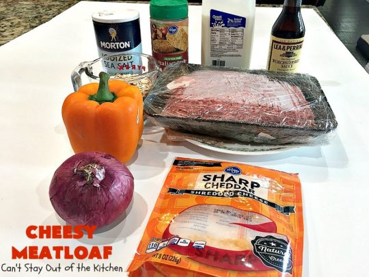 Cheesy Meatloaf | Can't Stay Out of the Kitchen | This amazing #meatloaf is filled with #cheddarcheese & topped with a #ketchup, mustard & brown sugar topping. This #glutenfree #entree uses #oatmeal & GF bread crumbs. #beef #groundbeef